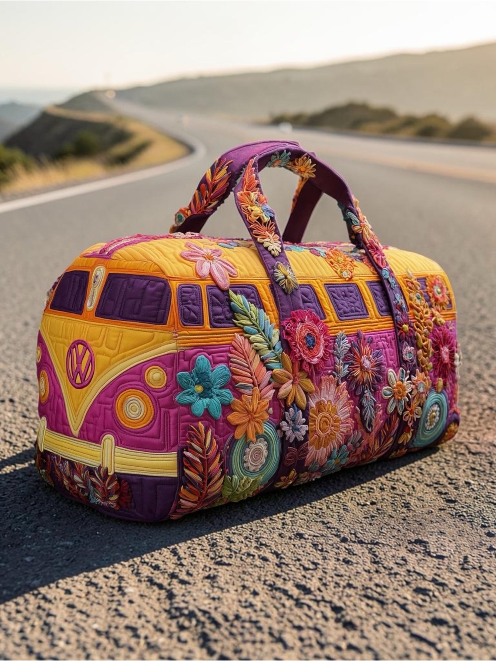 Retro Boho Hippie Van Quilted Duffle Bag Weekender Travel Floral Gym Tote - Picture 2 of 5